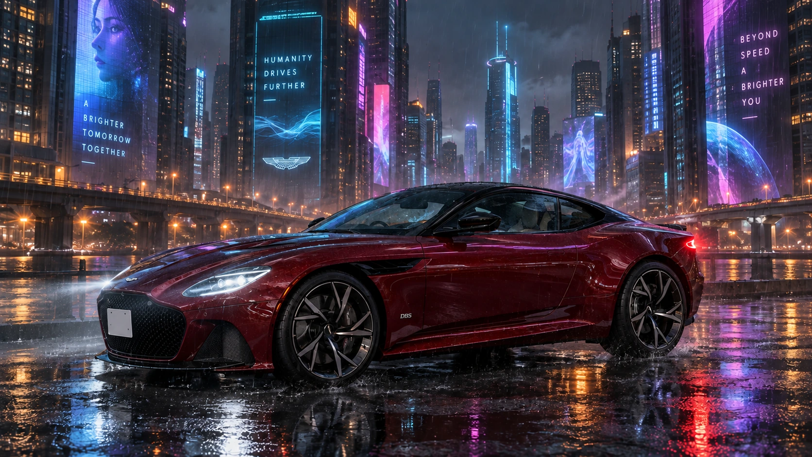 雨の夜、ネオンが映り込むワインレッドのAston Martin DBS Superleggera
