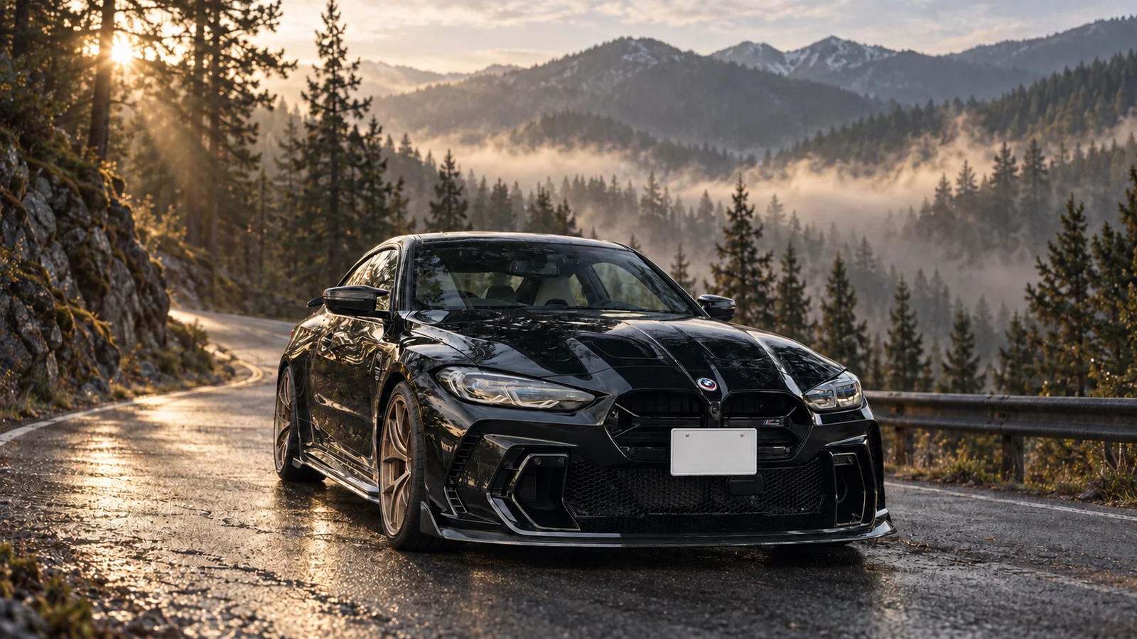 Black BMW M4 on a misty mountain road