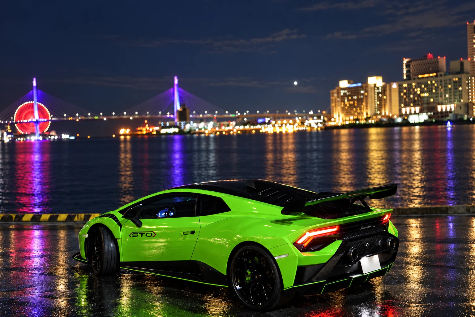 Lime green Lamborghini beside an illuminated waterfront