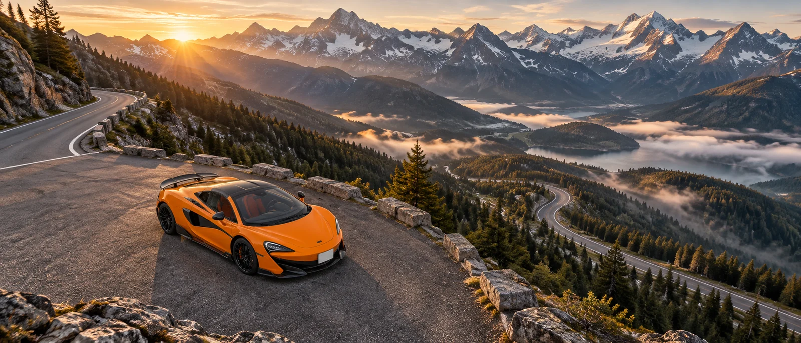 朝日に照らされた山岳道路とオレンジのMcLaren 600LT Spider