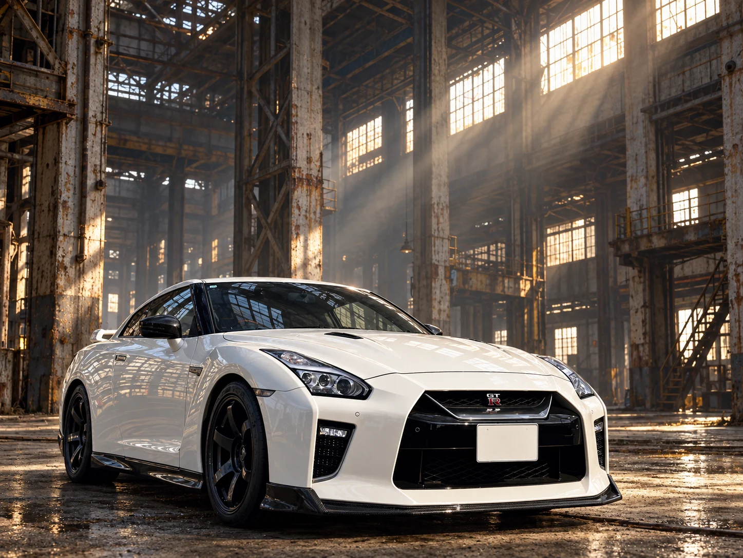 White GT-R in a sunlit industrial hall