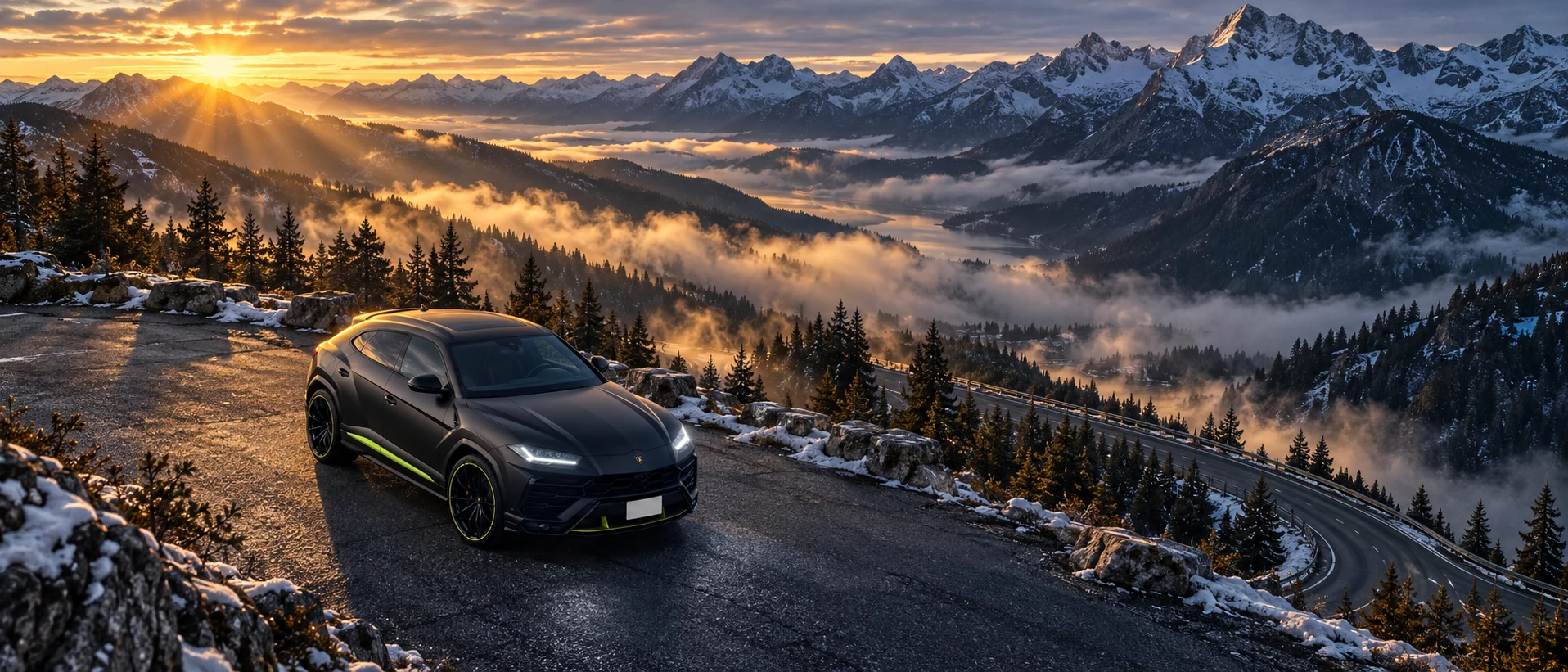 朝霧と金色の光に包まれた山岳道路に佇むLamborghini Urus